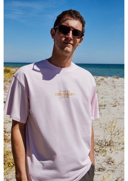 Copacabana Erkek Ön Arka Çatlayan Baskı Detaylı %100 Organik Pamuk Oversize Kısa Kollu Pembe T-shirt fırsatları