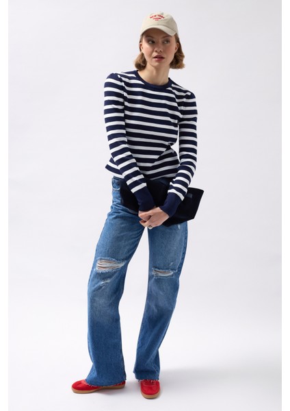 Bisiklet Yaka Çizgili Beyaz-Lacivet Bluz modelleri