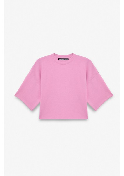 VELA Kadın Esnek Kumaşlı Bisiklet Yaka Oversize Fit Pembe T-Shirt
