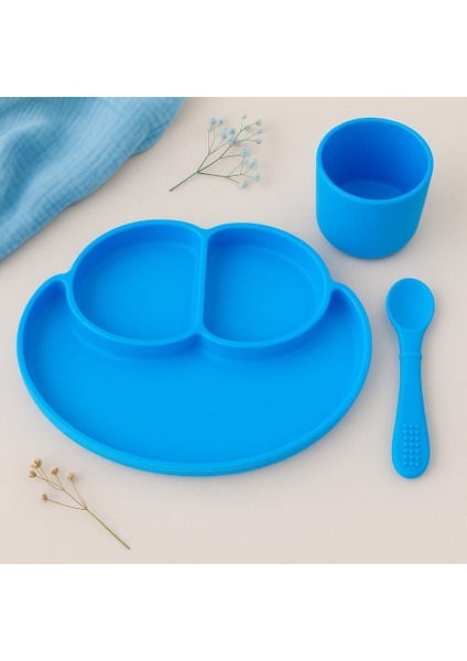 Bebek Vakumlu Mama Tabağı, Kaşığı ve Bardak Seti Silikon Bebek Beslenme Set