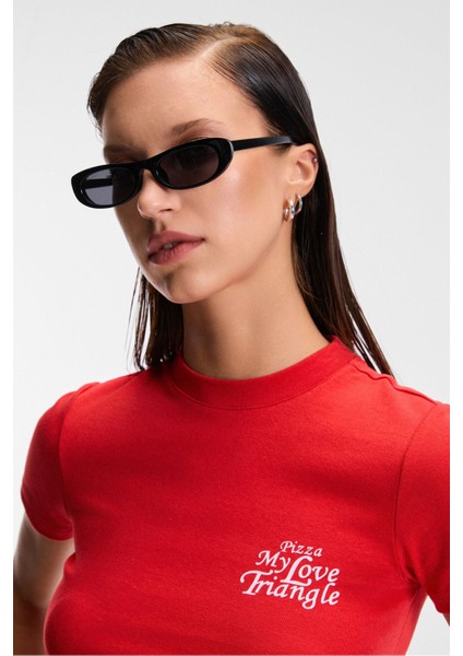 Mıreza Kadın Baskı Detaylı Slim Fit Kısa Kollu Yuvarlak Yaka Kırmızı T-Shirt