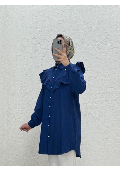 Ravetta Göğüs Dantel ve Fırfır Detaylı TUNIK-ZN3704 Lacivert