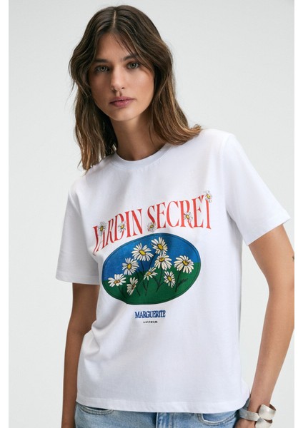 KARIVA Kadın Bisiklet Yaka Kısa Kollu Ön Baskı Detaylı Regular Fit Beyaz T-Shirt modelleri