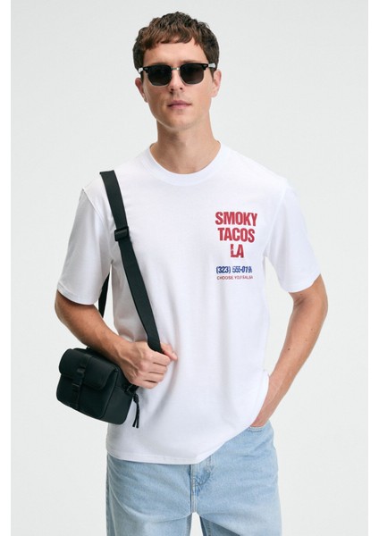 FRESH Erkek %100 Pamuk Oversize Fit Baskılı Kısa Kollu Yuvarlak Yakalı Beyaz T-Shirt fiyatları