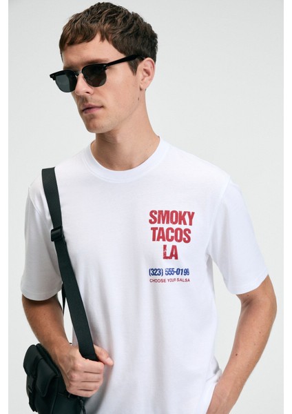 FRESH Erkek %100 Pamuk Oversize Fit Baskılı Kısa Kollu Yuvarlak Yakalı Beyaz T-Shirt modelleri