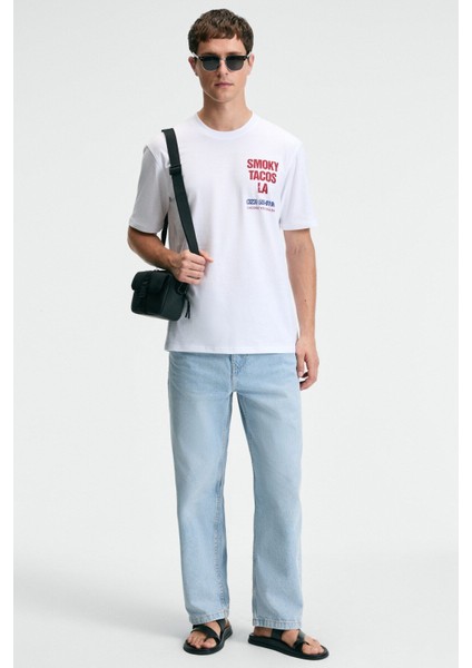 FRESH Erkek %100 Pamuk Oversize Fit Baskılı Kısa Kollu Yuvarlak Yakalı Beyaz T-Shirt fırsatları