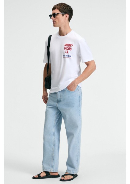 FRESH Erkek %100 Pamuk Oversize Fit Baskılı Kısa Kollu Yuvarlak Yakalı Beyaz T-Shirt indirimleri