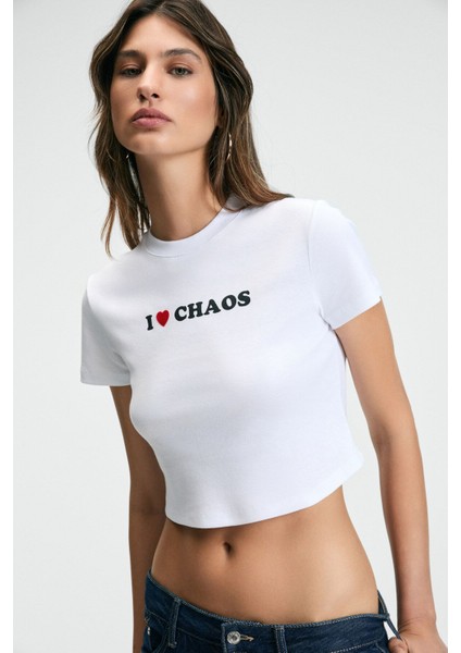 MISTERNA Bisiklet Yaka Kısa Kollu Önü Baskılı Crop Beyaz T-Shirt
