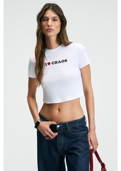 MISTERNA Bisiklet Yaka Kısa Kollu Önü Baskılı Crop Beyaz T-Shirt fiyatları