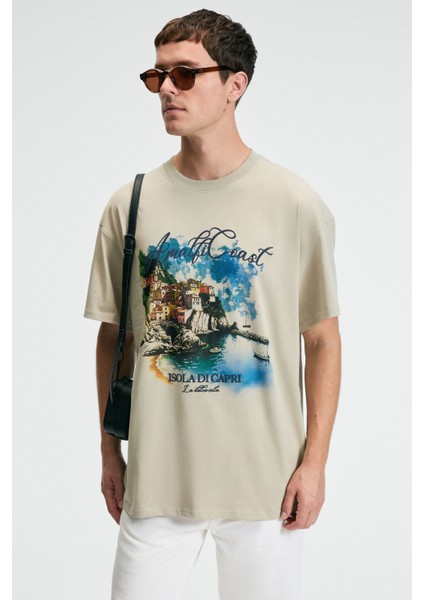 ZEST Erkek %100 Pamuk Oversize Fit Baskılı Kısa Kollu Yuvarlak Yakalı Taş Rengi T-Shirt modelleri