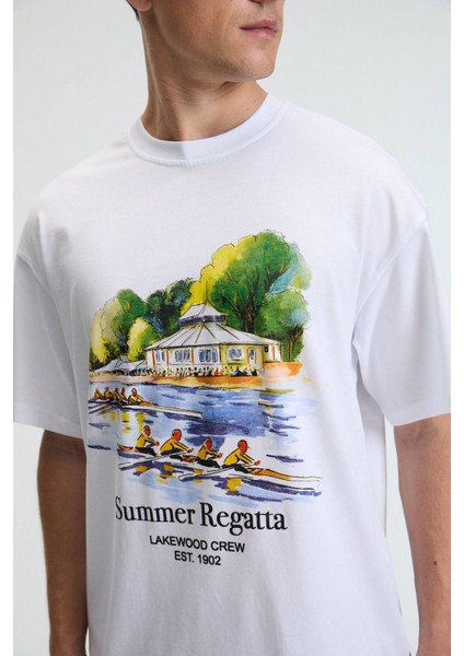 VEYRON Erkek %100 Pamuk Oversize Fit Baskılı Kısa Kollu Yuvarlak Yakalı Beyaz T-Shirt