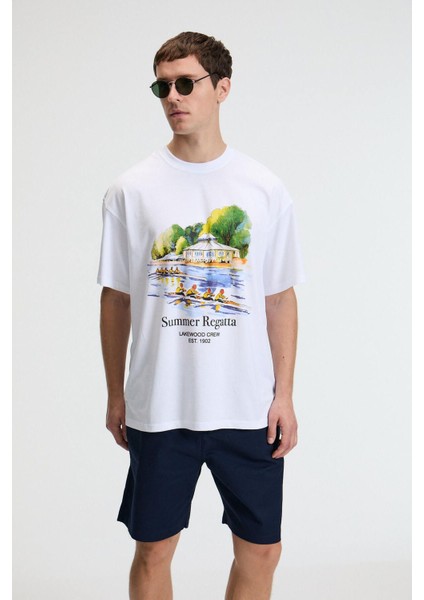 VEYRON Erkek %100 Pamuk Oversize Fit Baskılı Kısa Kollu Yuvarlak Yakalı Beyaz T-Shirt modelleri