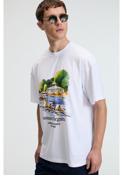VEYRON Erkek %100 Pamuk Oversize Fit Baskılı Kısa Kollu Yuvarlak Yakalı Beyaz T-Shirt fırsatları