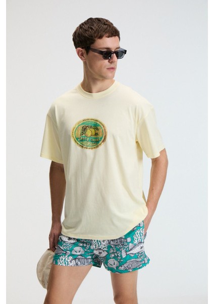 FLAVOR Erkek Oversize %100 Pamuk Baskılı Yuvarlak Yaka Sarı T-Shirt fiyatları