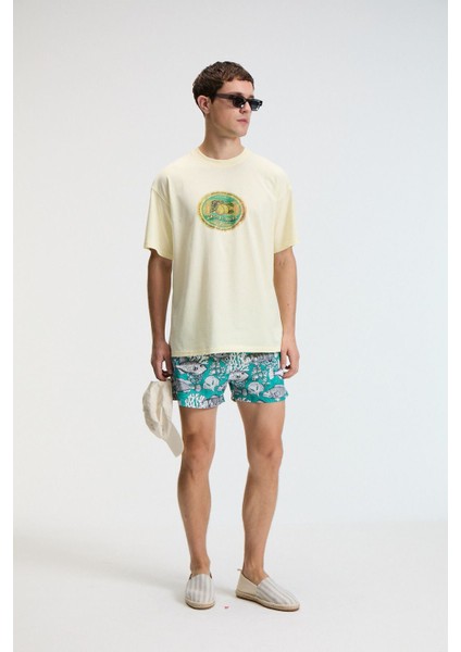 FLAVOR Erkek Oversize %100 Pamuk Baskılı Yuvarlak Yaka Sarı T-Shirt modelleri