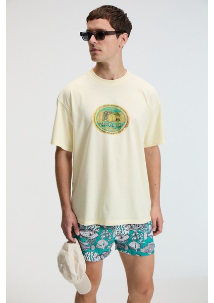 FLAVOR Erkek Oversize %100 Pamuk Baskılı Yuvarlak Yaka Sarı T-Shirt fırsatları