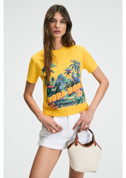 MELVESSA Kadın %100 Pamuk Baskı Detaylı Regular Fit Bisiklet Yakalı Sarı T-Shirt fiyatları
