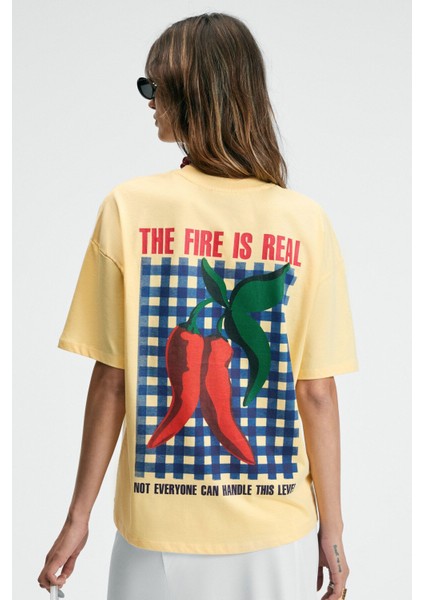 CASSIANE Kadın Bisiklet Yaka Kısa Kollu Ön Ve Arka Baskılı Regular Sarı T-Shirt