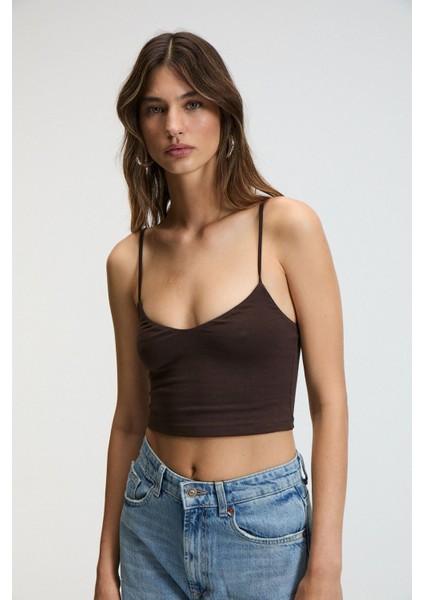 LUMINA Kadın İnce Ayar Askılı Slim Crop Kahverengi Atlet