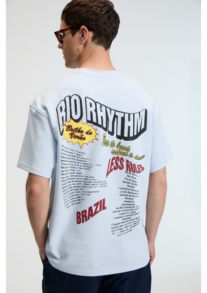 YUM Erkek Oversize Baskılı Yuvarlak Yaka Mavi T-Shirt