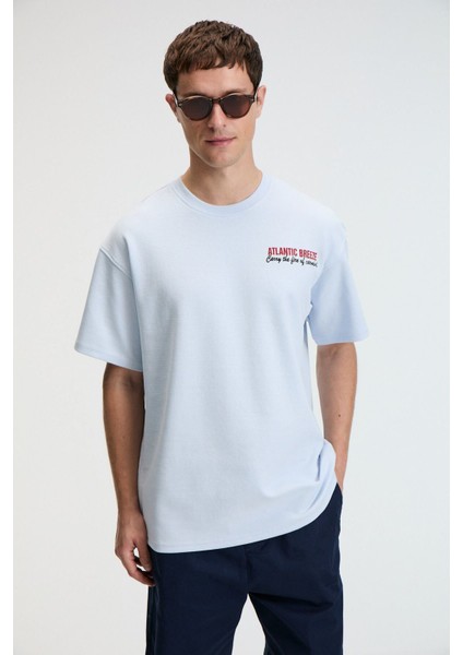 YUM Erkek Oversize Baskılı Yuvarlak Yaka Mavi T-Shirt fiyatları
