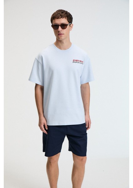 YUM Erkek Oversize Baskılı Yuvarlak Yaka Mavi T-Shirt modelleri