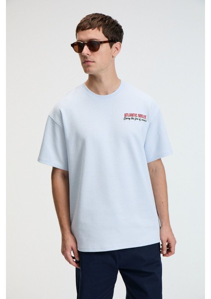 YUM Erkek Oversize Baskılı Yuvarlak Yaka Mavi T-Shirt fırsatları
