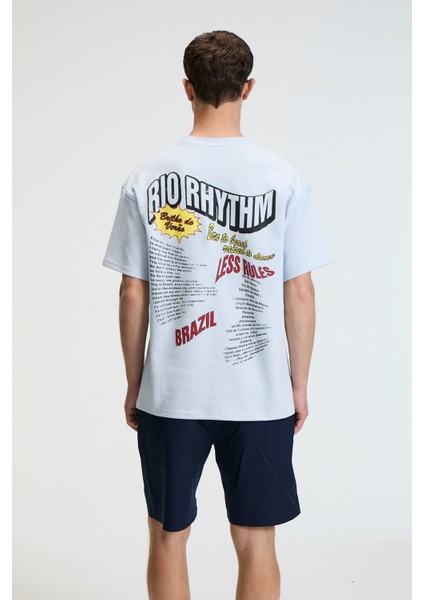 YUM Erkek Oversize Baskılı Yuvarlak Yaka Mavi T-Shirt