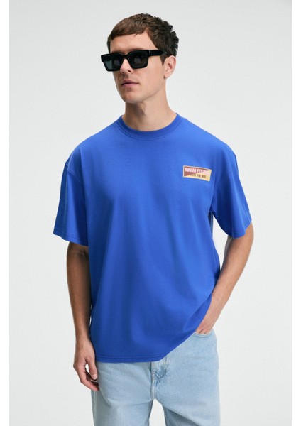 SNACK Erkek Oversize Fit %100 Pamuk Baskılı Yuvarlak Yaka Saks Mavi T-Shirt fiyatları