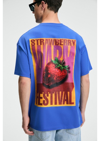 SNACK Erkek Oversize Fit %100 Pamuk Baskılı Yuvarlak Yaka Saks Mavi T-Shirt