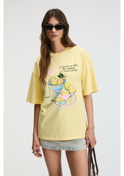 NITZA Kadın %100 Pamuk Oversize Bisiklet Yaka Sarı T-Shirt