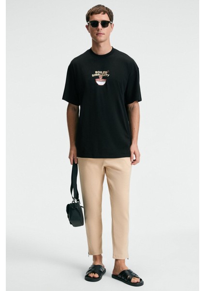 SNACK Erkek Oversize Fit %100 Pamuk Baskılı Yuvarlak Yaka Siyah T-Shirt modelleri