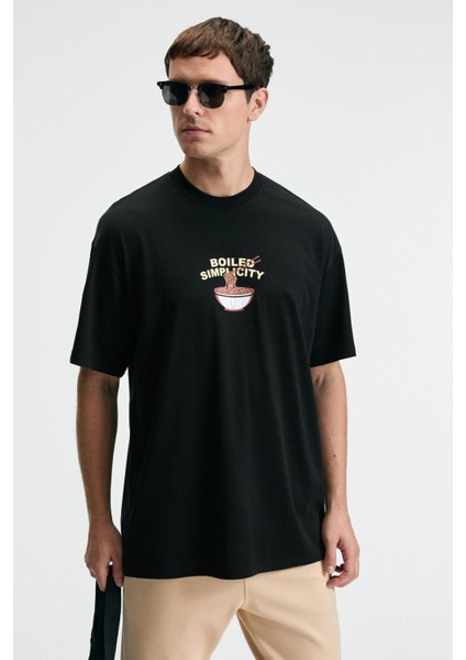 SNACK Erkek Oversize Fit %100 Pamuk Baskılı Yuvarlak Yaka Siyah T-Shirt fırsatları