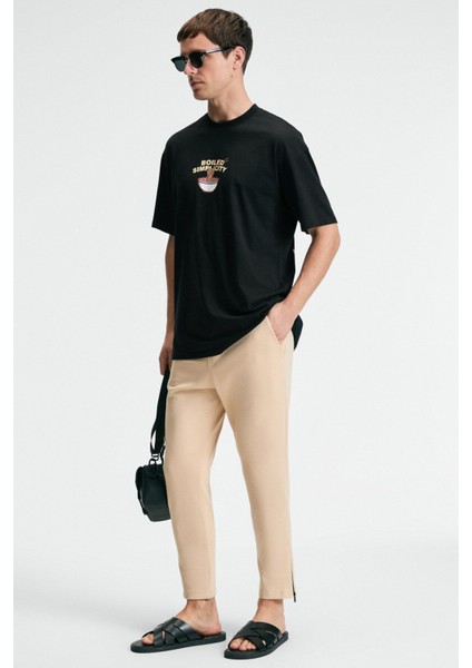 SNACK Erkek Oversize Fit %100 Pamuk Baskılı Yuvarlak Yaka Siyah T-Shirt indirimleri