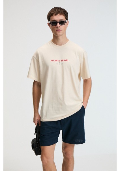 CRUNCH Erkek Oversize %100 Pamuk Baskılı Yuvarlak Yaka Vanilya T-Shirt fiyatları