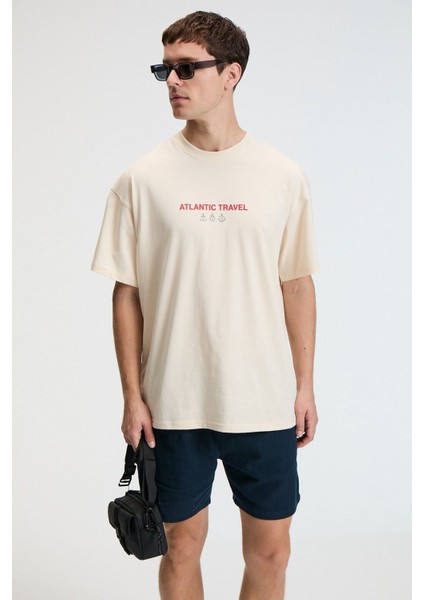 CRUNCH Erkek Oversize %100 Pamuk Baskılı Yuvarlak Yaka Vanilya T-Shirt fırsatları