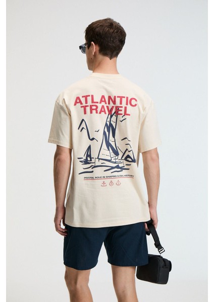 CRUNCH Erkek Oversize %100 Pamuk Baskılı Yuvarlak Yaka Vanilya T-Shirt indirimleri