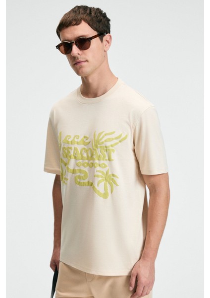 SWEET Erkek %100 Pamuk Oversize Fit Baskılı Kısa Kollu Yuvarlak Yakalı Vanilya T-Shirt