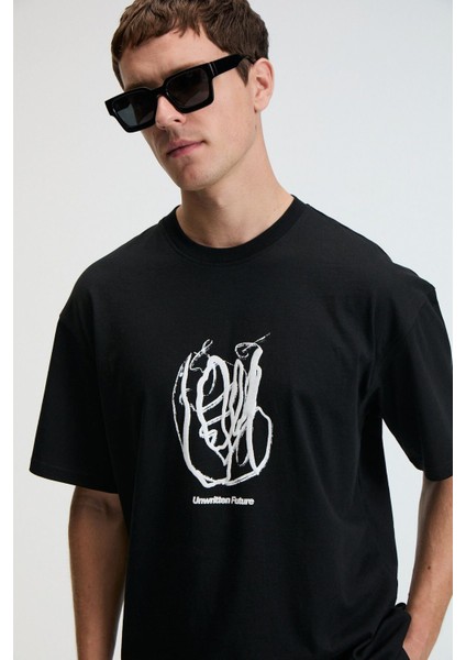 POP Erkek %100 Pamuk Oversize Fit Baskılı Kısa Kollu Yuvarlak Yakalı Siyah T-Shirt