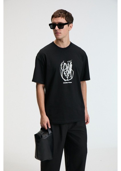 POP Erkek %100 Pamuk Oversize Fit Baskılı Kısa Kollu Yuvarlak Yakalı Siyah T-Shirt modelleri