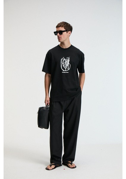 POP Erkek %100 Pamuk Oversize Fit Baskılı Kısa Kollu Yuvarlak Yakalı Siyah T-Shirt indirimleri