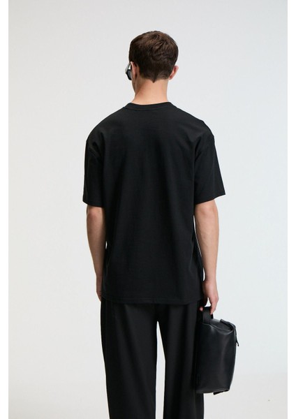 POP Erkek %100 Pamuk Oversize Fit Baskılı Kısa Kollu Yuvarlak Yakalı Siyah T-Shirt