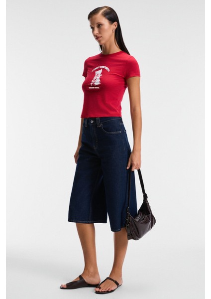 YELVANE Kadın %100 Pamuk Bisiklet Yaka Baskılı Regular Fit Kırmızı T-Shirt fırsatları