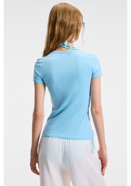 TARELIA Kadın Bisiklet Yaka Kısa Kollu Slim Mavi T-Shirt indirimleri