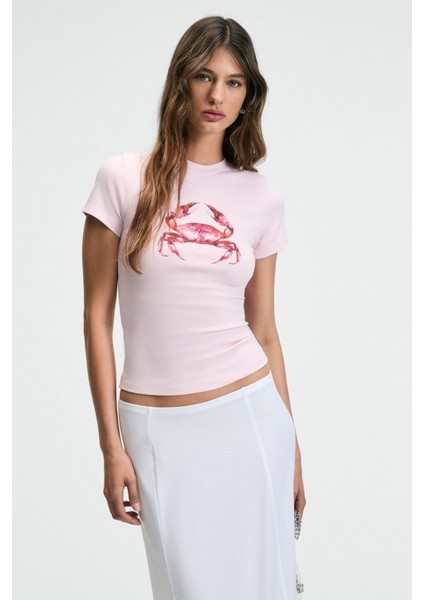ATHEA Kadın Bisiklet Yaka Kısa Kollu Önü Baskılı Slim Pembe T-Shirt modelleri