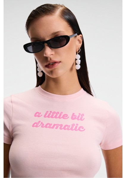 VELINA Kadın Bisiklet Yaka Kısa Kollu Önü Baskılı Slim Pembe T-Shirt