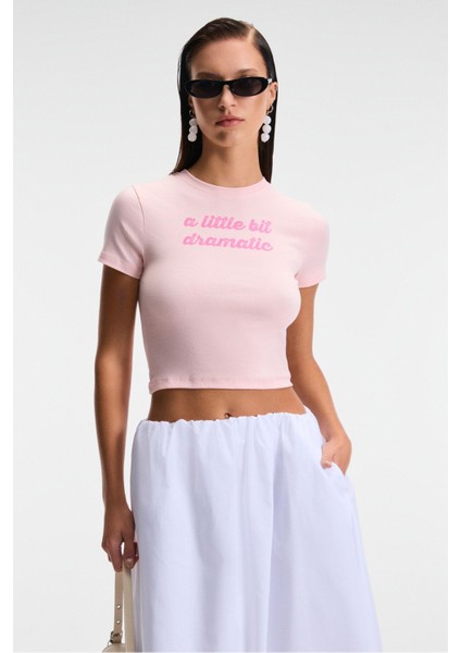 VELINA Kadın Bisiklet Yaka Kısa Kollu Önü Baskılı Slim Pembe T-Shirt fiyatları