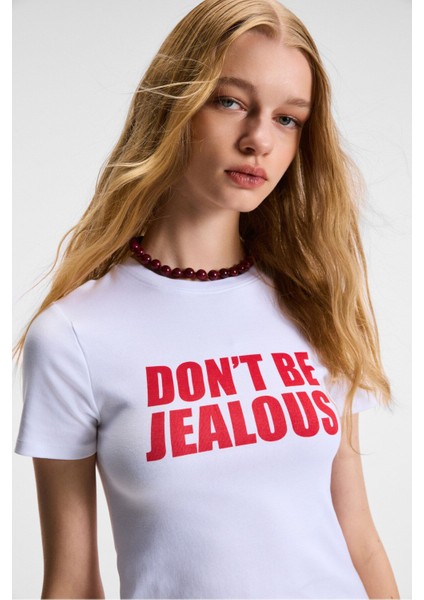 VELINA Kadın Bisiklet Yaka Kısa Kollu Önü Baskılı Slim Beyaz T-Shirt