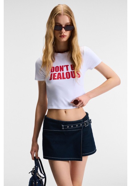 VELINA Kadın Bisiklet Yaka Kısa Kollu Önü Baskılı Slim Beyaz T-Shirt modelleri