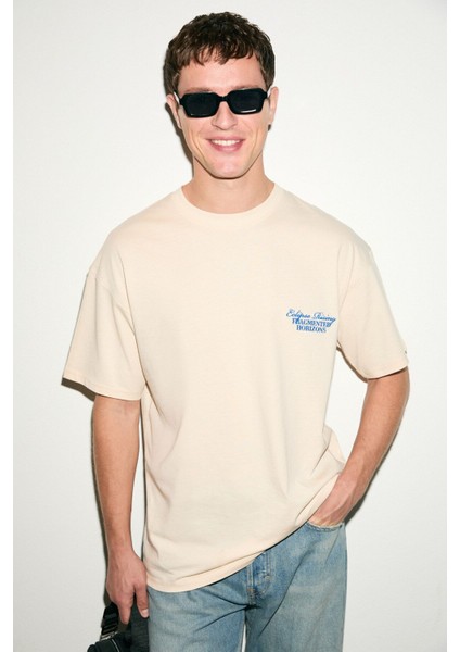 VEYRON Erkek %100 Pamuk Oversize Fit Baskılı Kısa Kollu Yuvarlak Yakalı Vanilya T-Shirt fiyatları